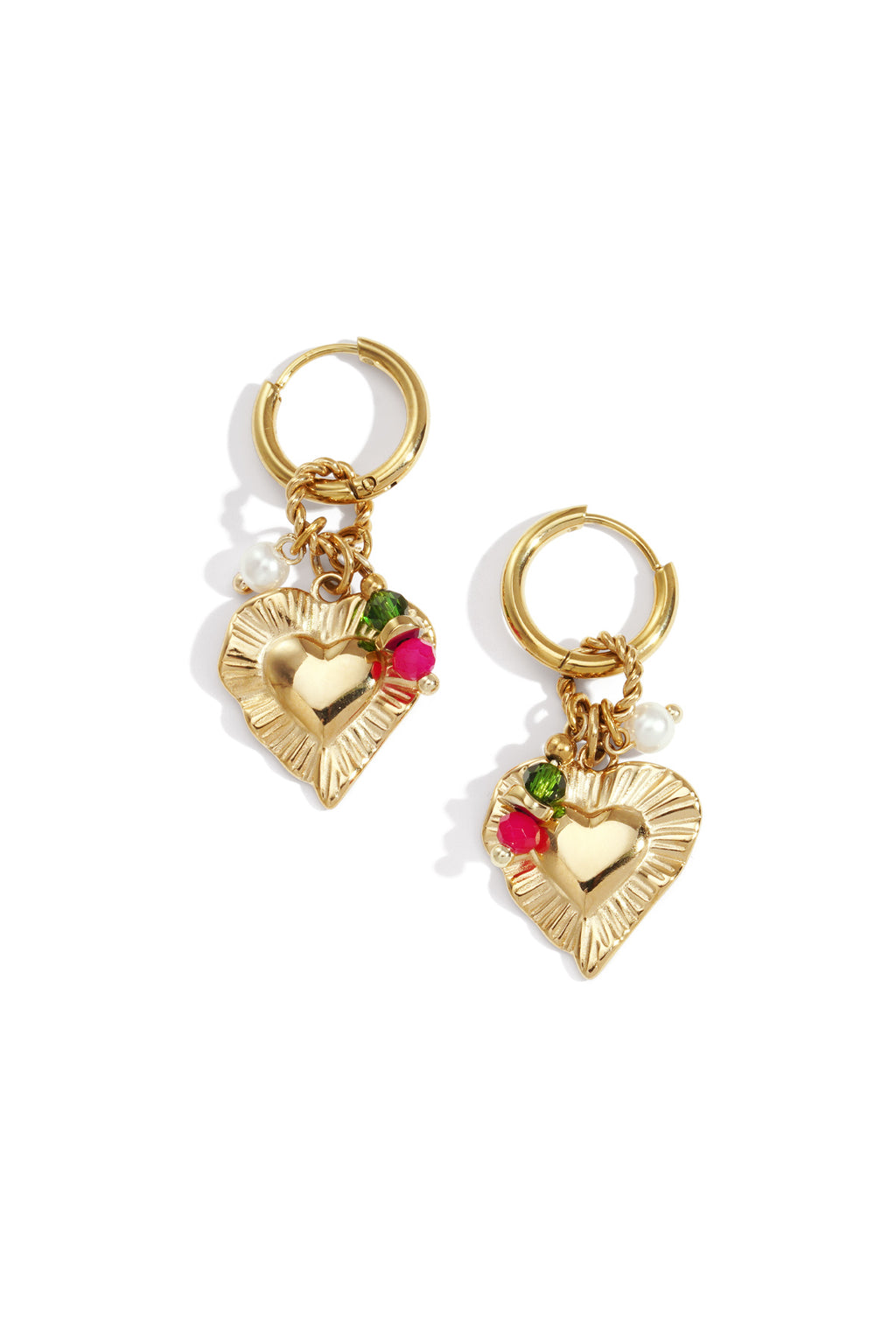 Gouden hart drop oorbellen met geëtste textuur en roze details