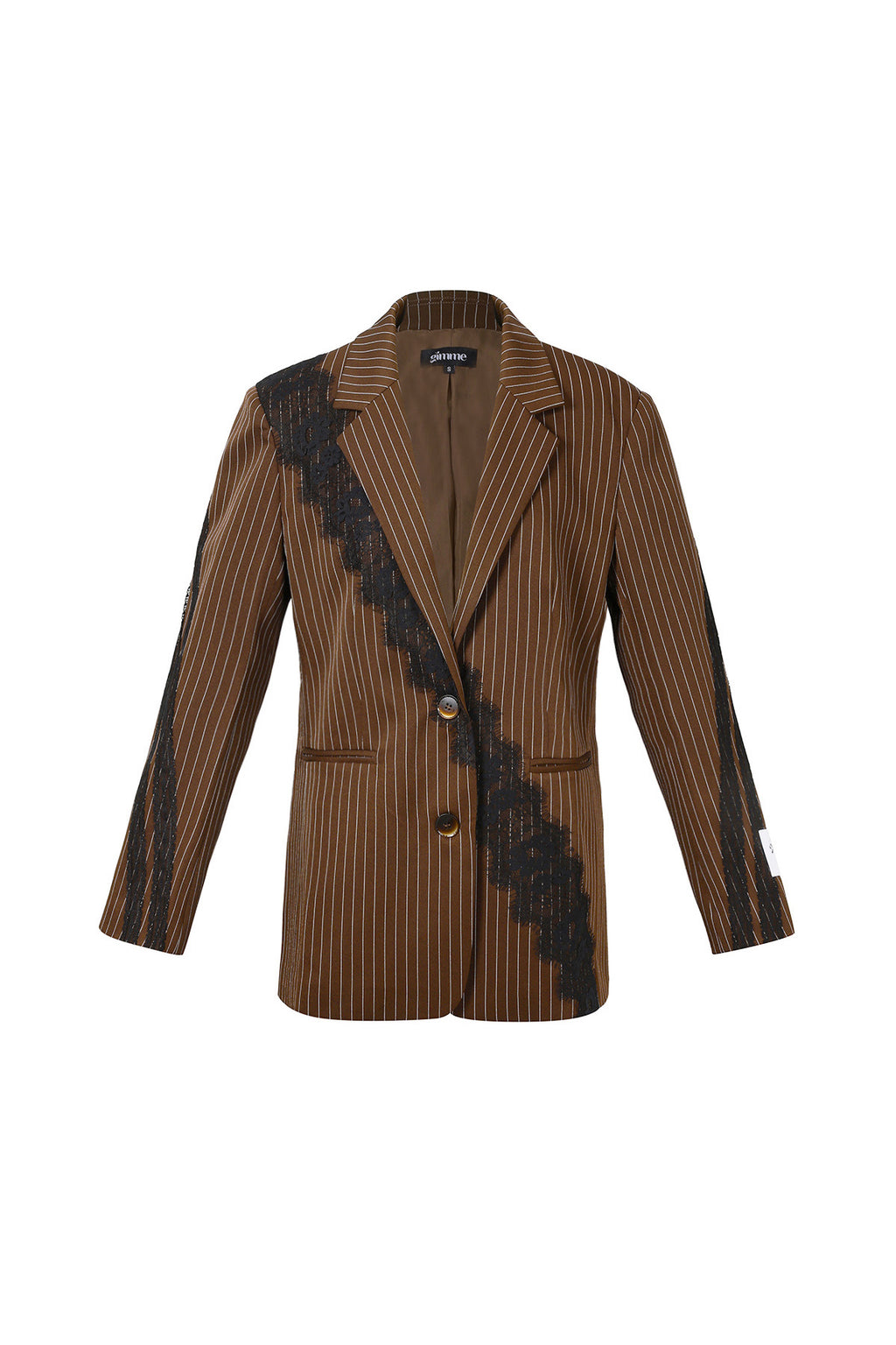 Bruine blazer met krijtstrepen en zwarte kanten panelen