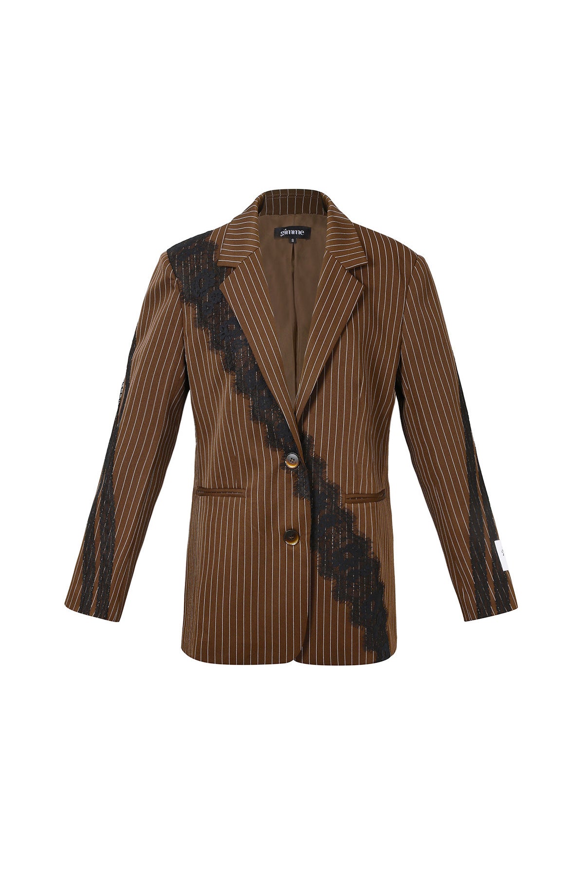 Bruine blazer met krijtstrepen en zwarte kanten panelen