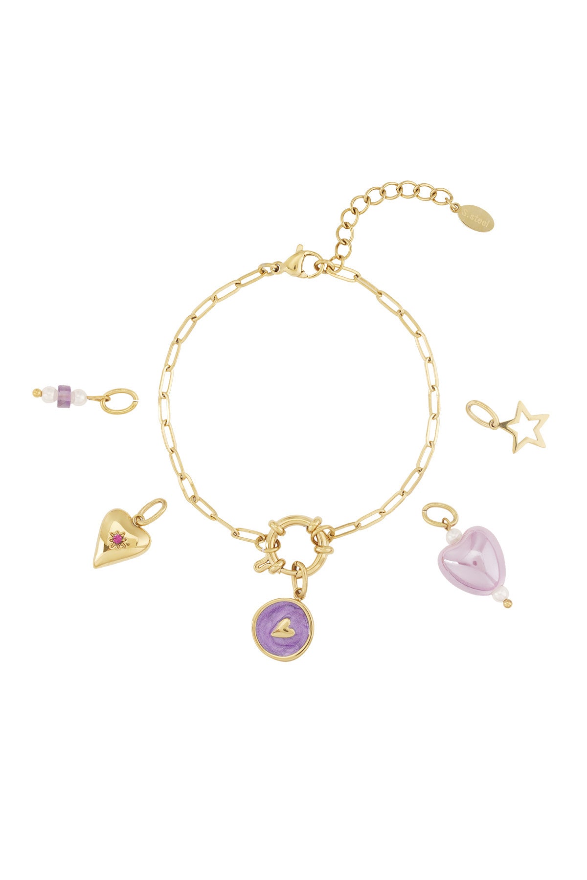 Gouden schakelarmband met paarse hart bedels en ster charmes