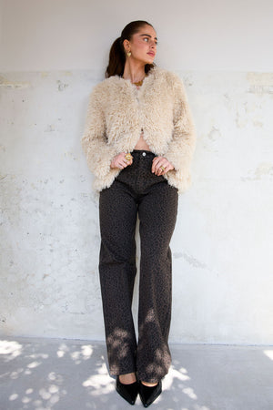 Woven Cotton Women's Straight Leg Pants Leopard Print Fall/Winter