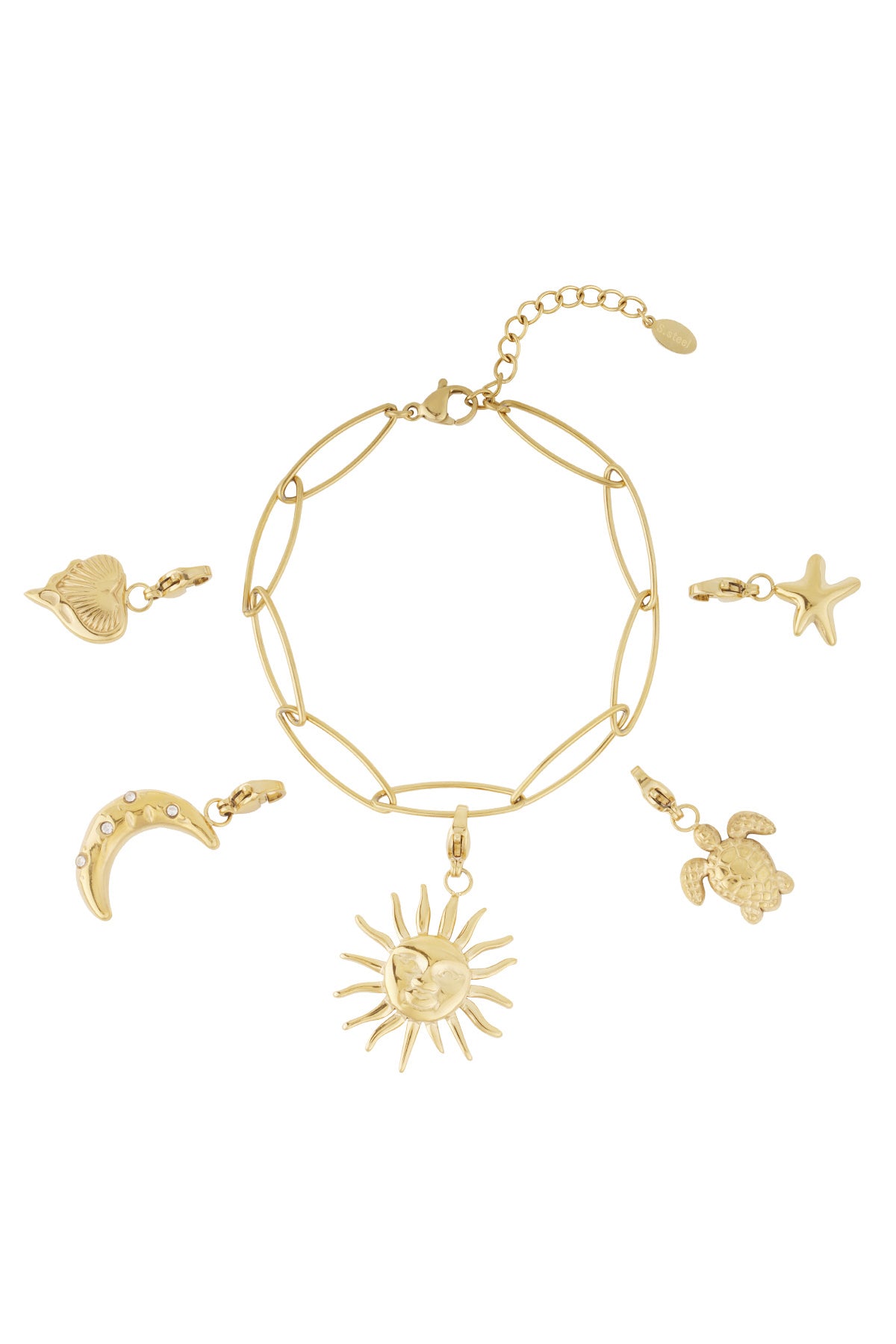 Gouden charm armband met zon maan zeester en schildpad hangers