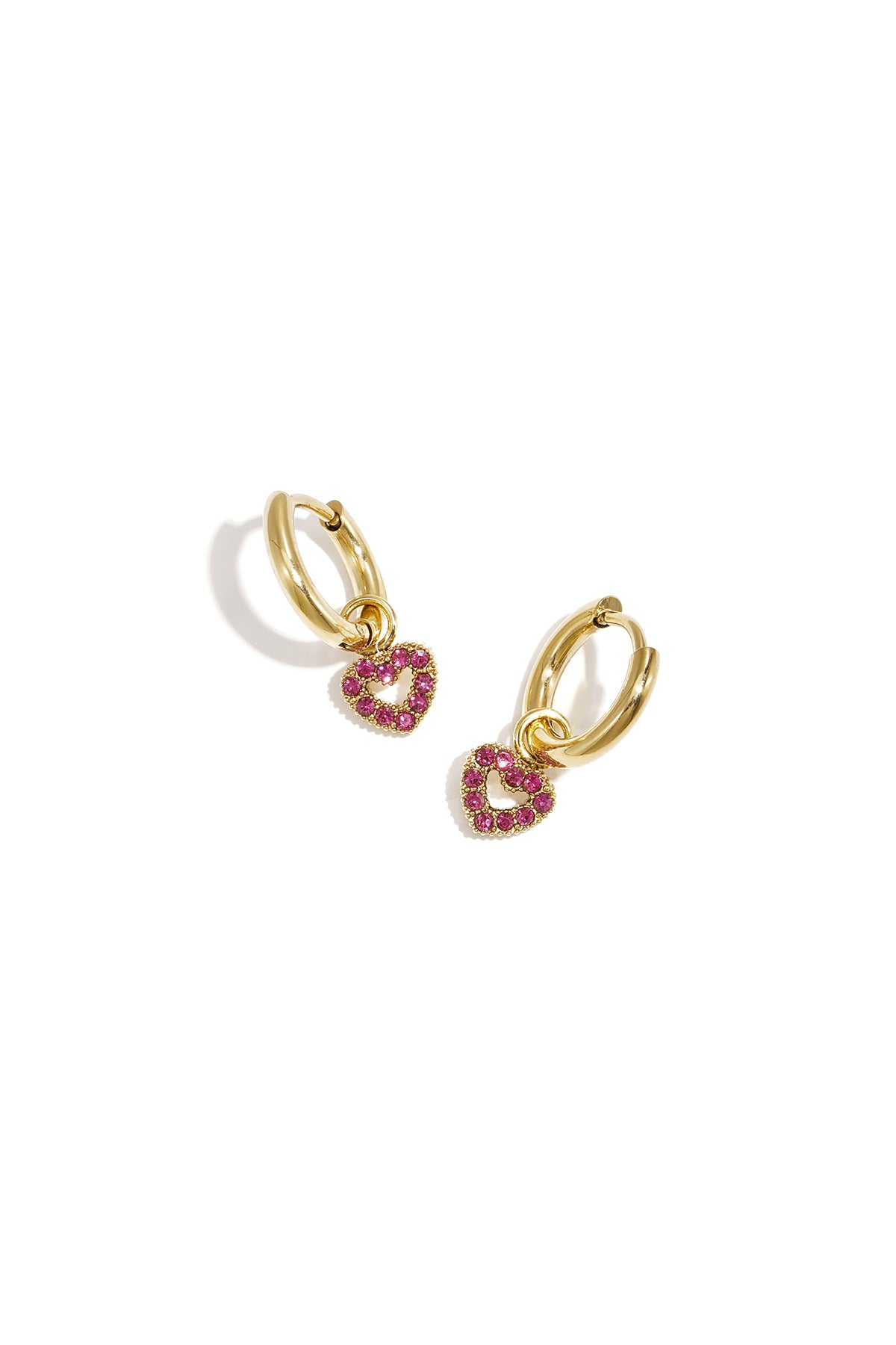 Gouden hoepel oorbellen met roze kristal hart charmes