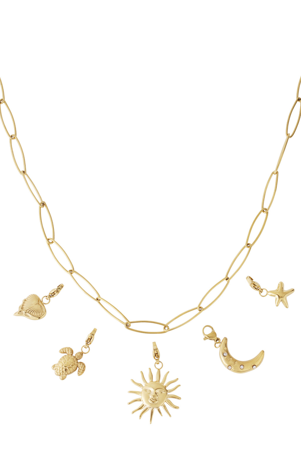 Gouden ovale schakel ketting met zon maan en ster charms
