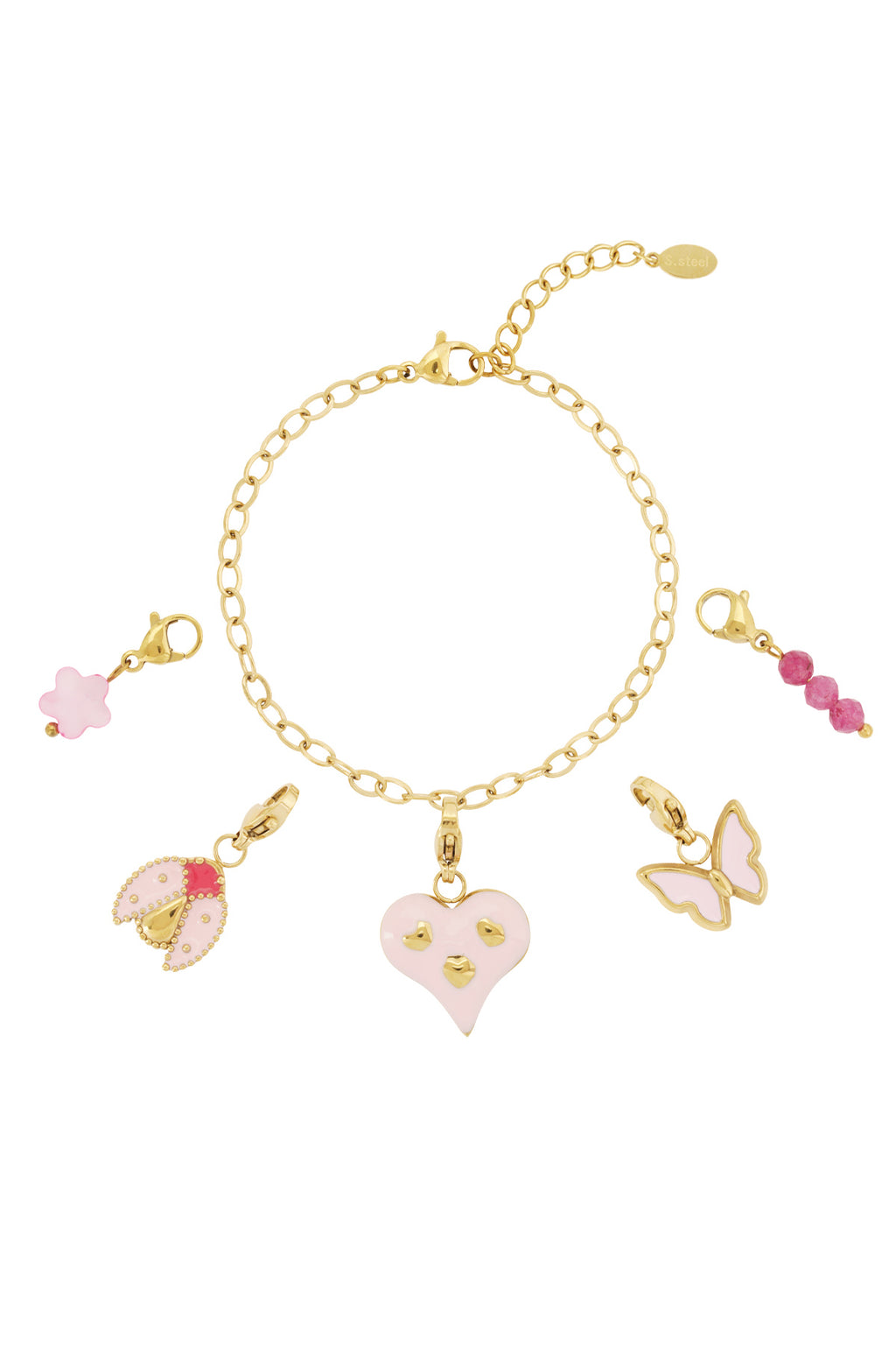 Gouden schakel armband met roze hart vlinder charms en kralen
