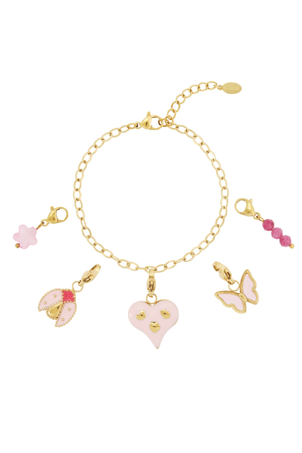 Gouden schakel armband met roze hart vlinder charms en kralen