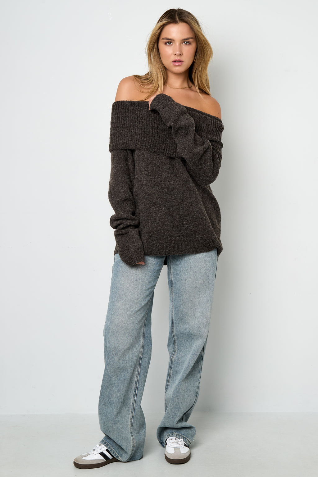 Knitted Polyester Fiber Women's Off-Shoulder Sweater Elegant Solid Color