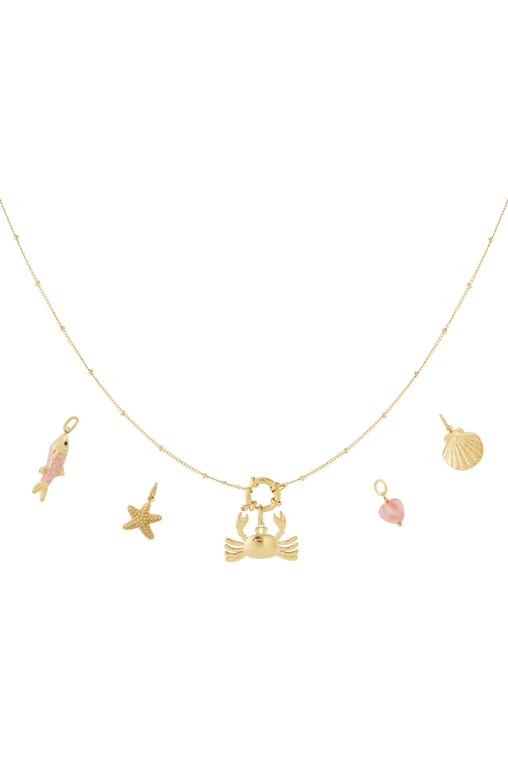 Gouden DIY ketting met maritieme charms waaronder krab, zeester en anker