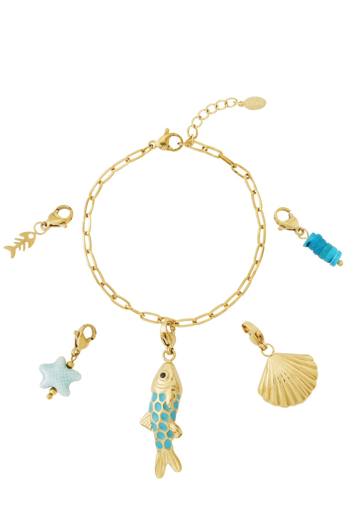 Goudkleurige schakel armband met maritieme charmes zoals vis en schelp