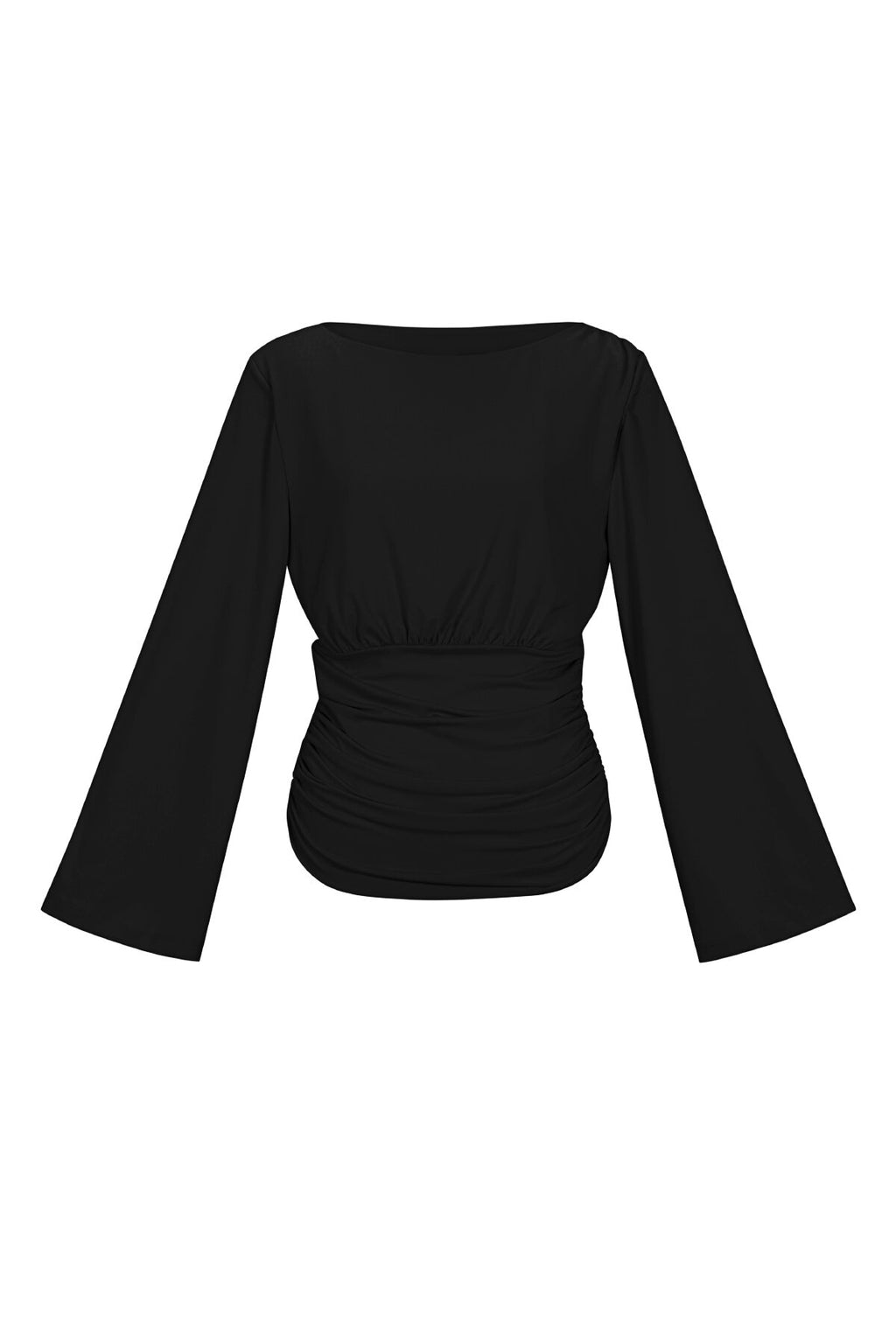 Zwarte polyester wrap top met lange mouwen en tailleband detail