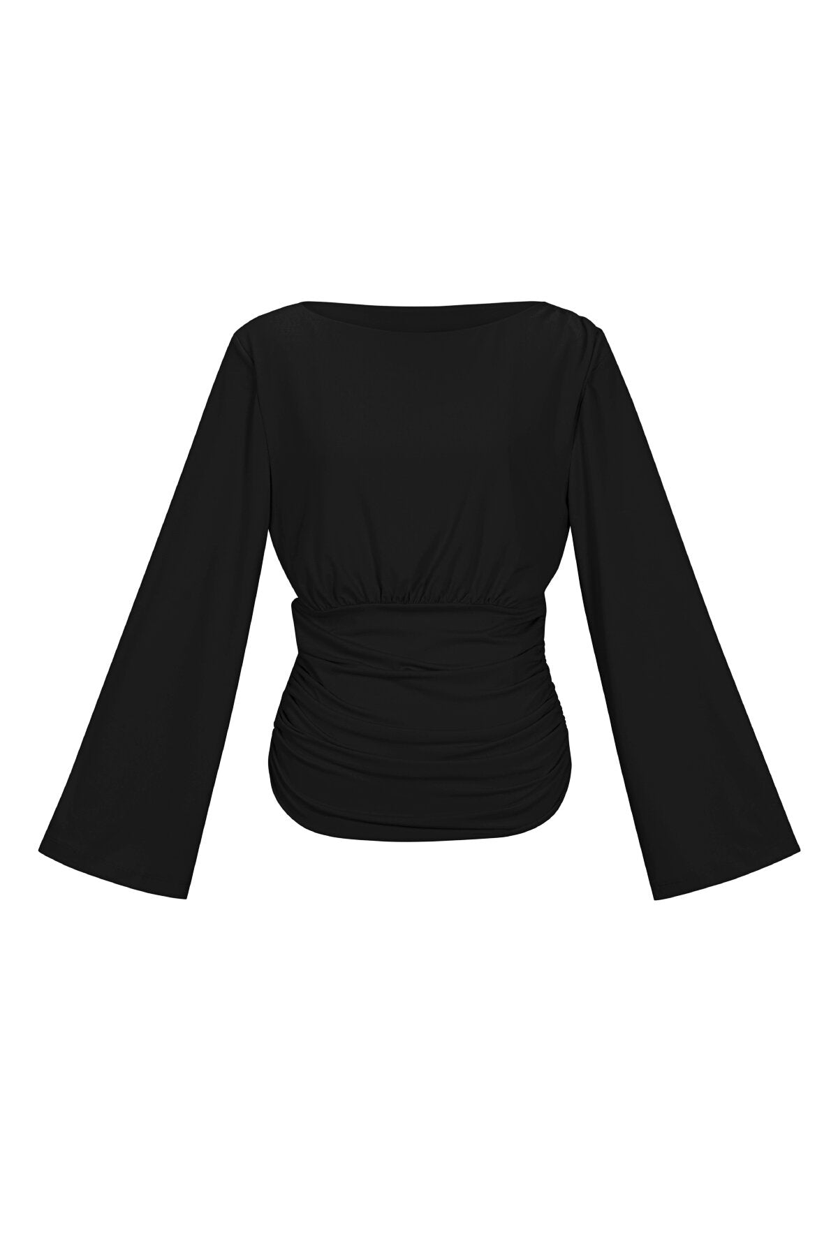 Zwarte polyester wrap top met lange mouwen en tailleband detail