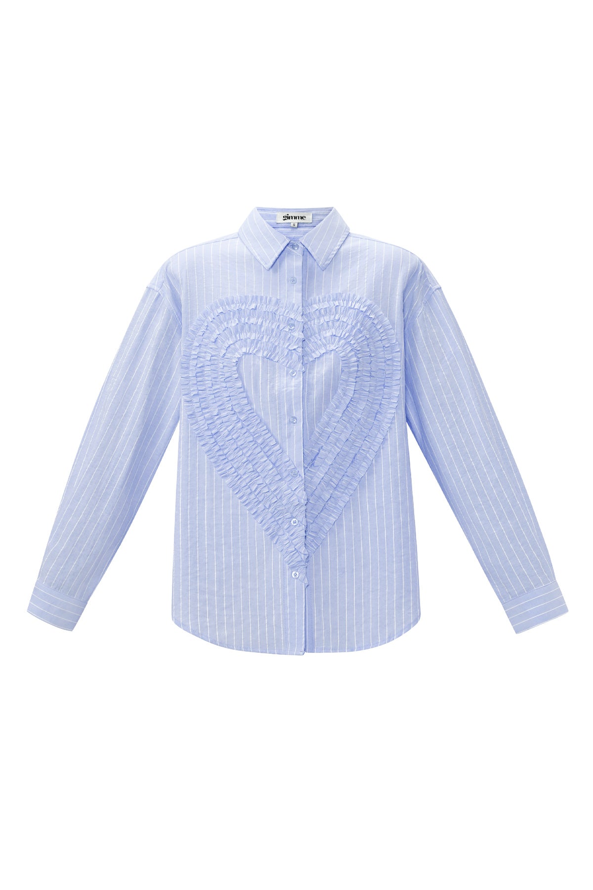 Lichtblauw gestreept overhemd met wit hart ruffle detail op de voorkant
