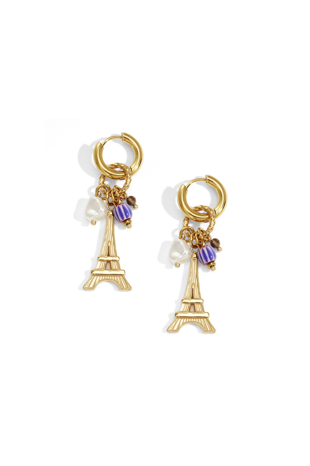 Gouden drop oorbellen met Eiffeltoren charme en kristal accenten