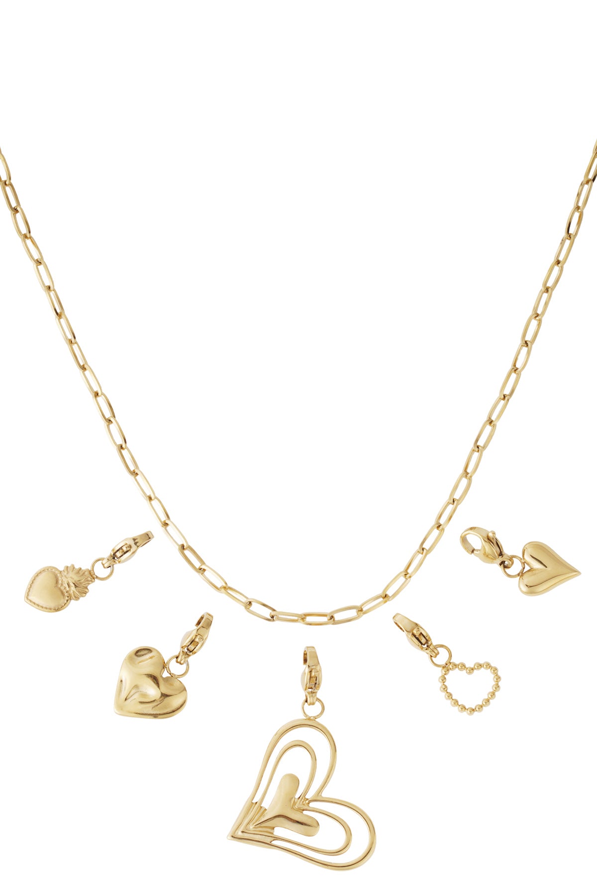 Gouden schakelketting met dubbel hart bedels en kleine hart charmes