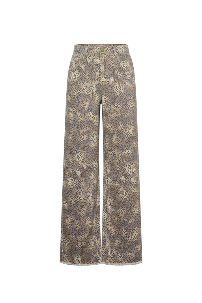 Bruine wide-leg broek met leopardprint van katoen