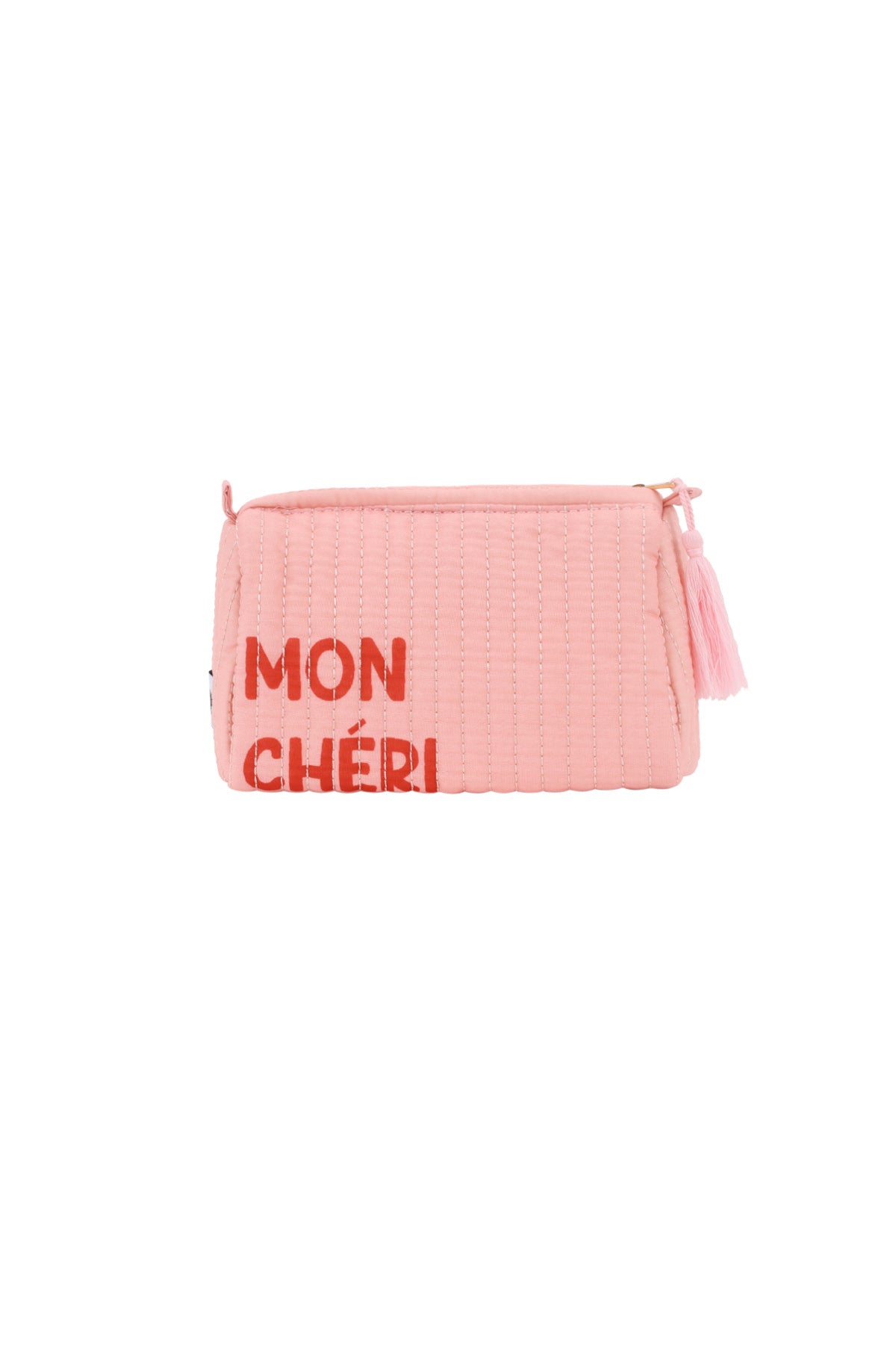 Roze polyester make-up tas met Mon Chéri tekst in rood
