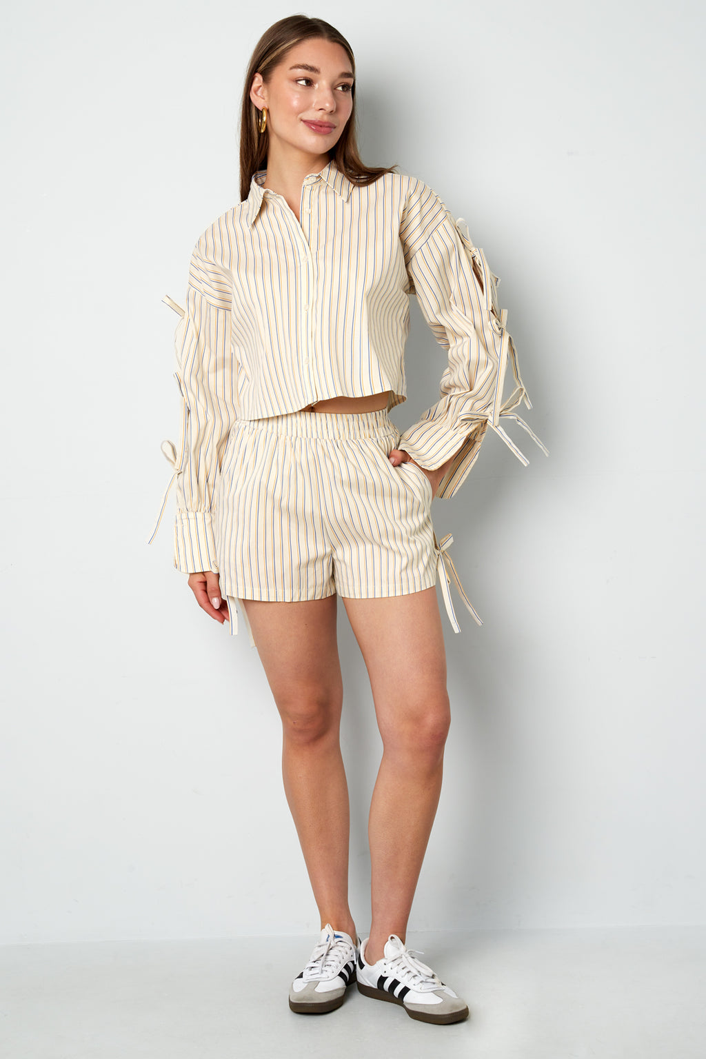Cotton Woven Women's Shorts Casual Stripes Tie-up
