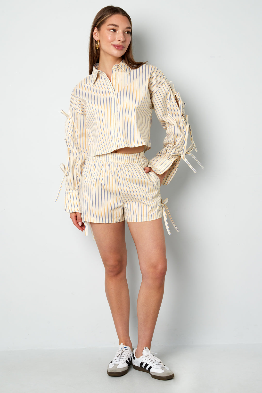 Cotton Woven Women's Shorts Casual Stripes Tie-up