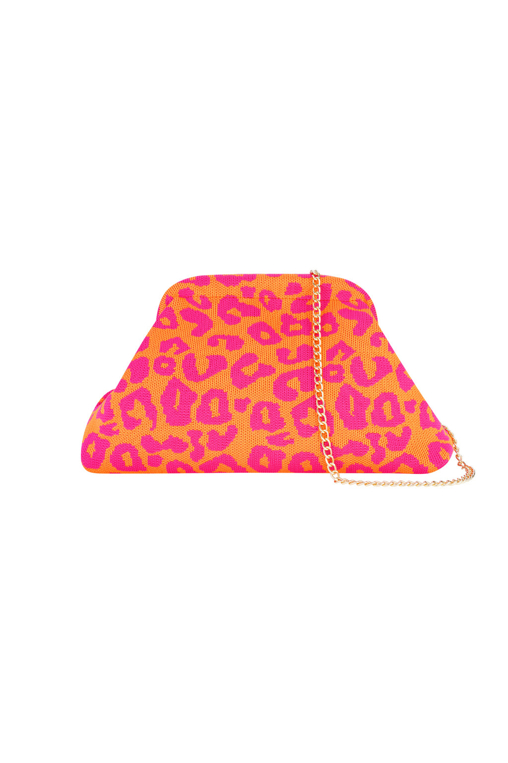 Oranje strandtas met roze leopardvlekken en goudkleurige kettinghengsel