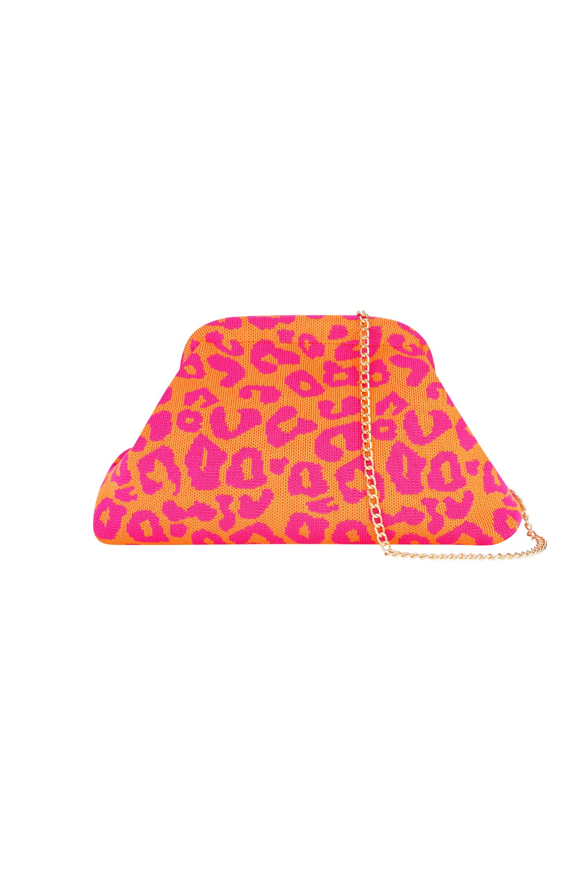 Oranje strandtas met roze leopardvlekken en goudkleurige kettinghengsel