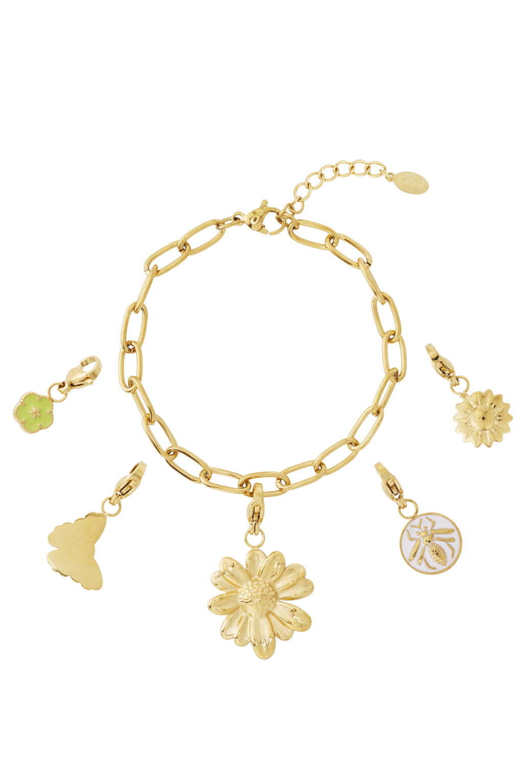 Goudkleurige schakel armband met gedetailleerde bloem charmes in verschillende kleuren emaille