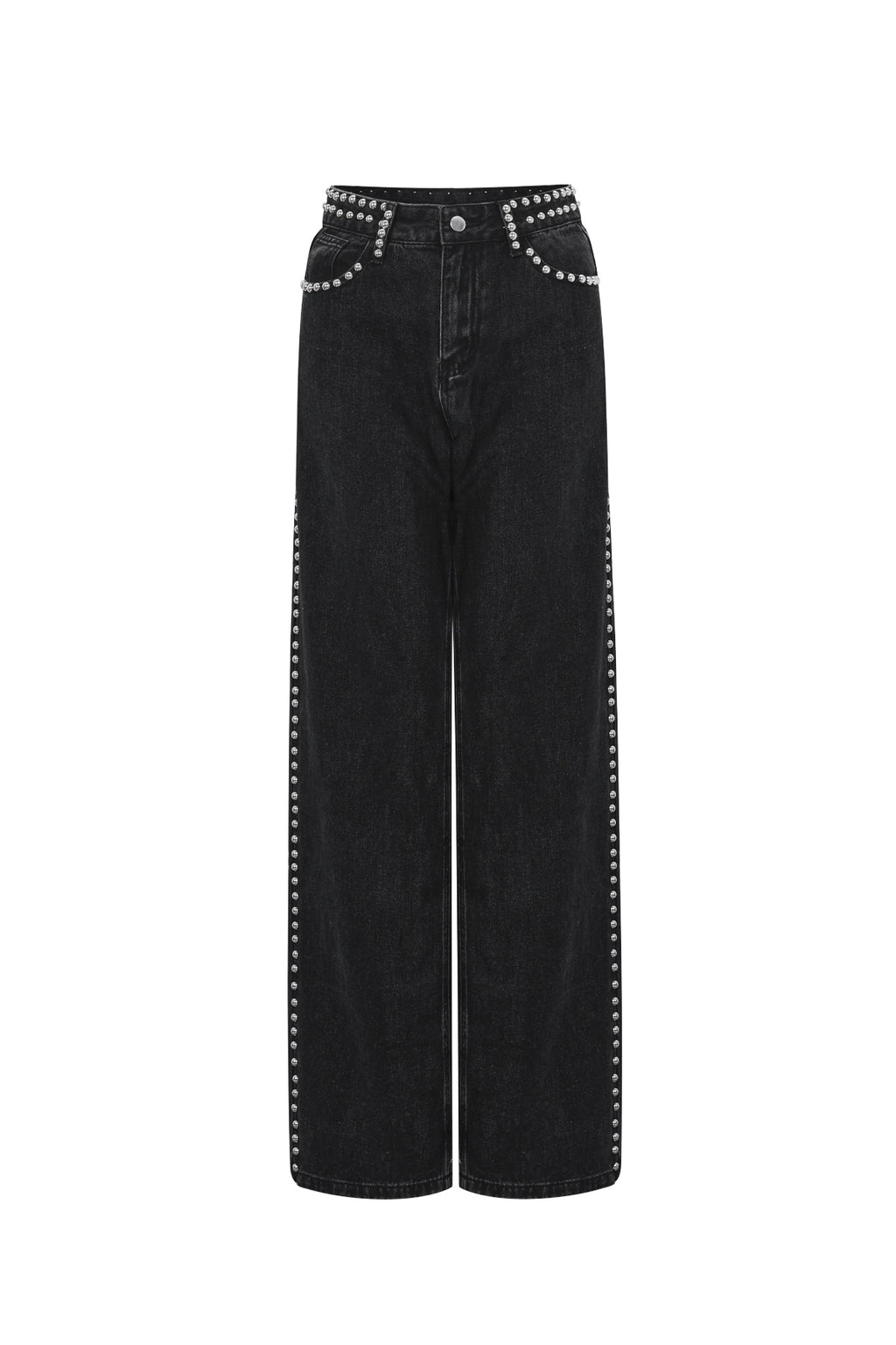 Zwarte rechte jeans met metalen studs langs de zijnaden en zakken