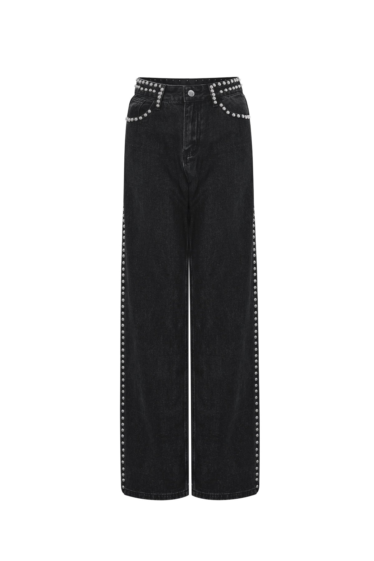 Zwarte rechte jeans met metalen studs langs de zijnaden en zakken