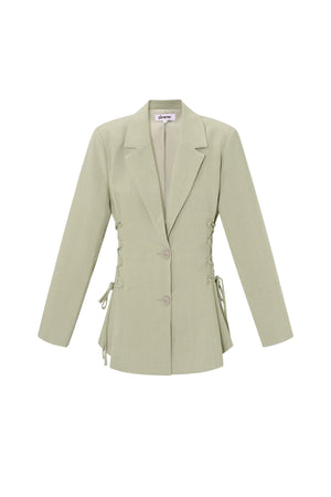 Saliegroene open blazer met strikbanden aan de zijkanten