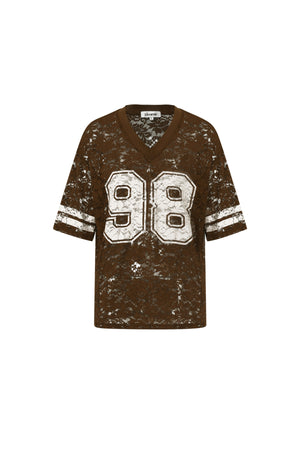 Bruin mesh shirt met nummer 98 print en oversized pasvorm