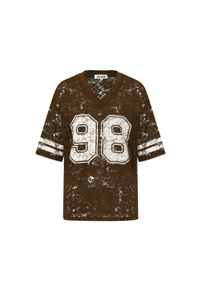 Bruin mesh shirt met nummer 98 print en oversized pasvorm