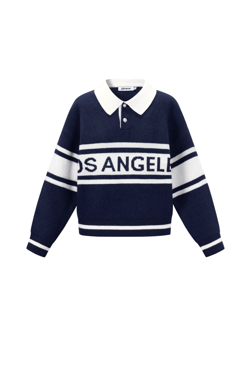 Navy blauwe polo trui met witte kraag en Los Angeles tekst over de borst