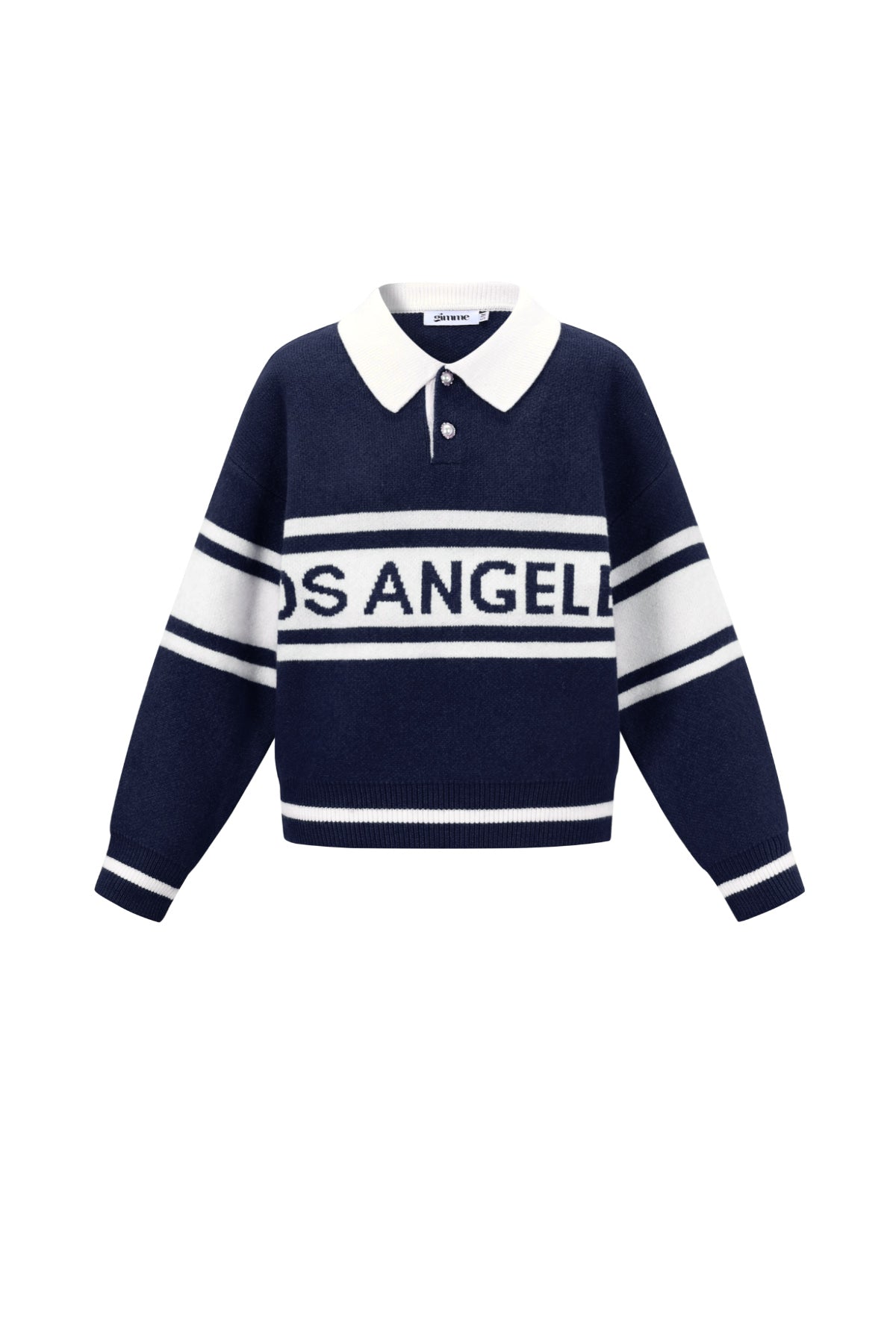 Navy blauwe polo trui met witte kraag en Los Angeles tekst over de borst