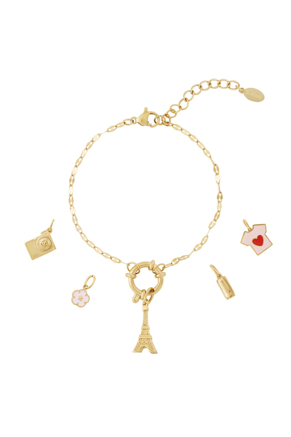 Gouden charm armband met Eiffeltoren hanger en verschillende charmpjes