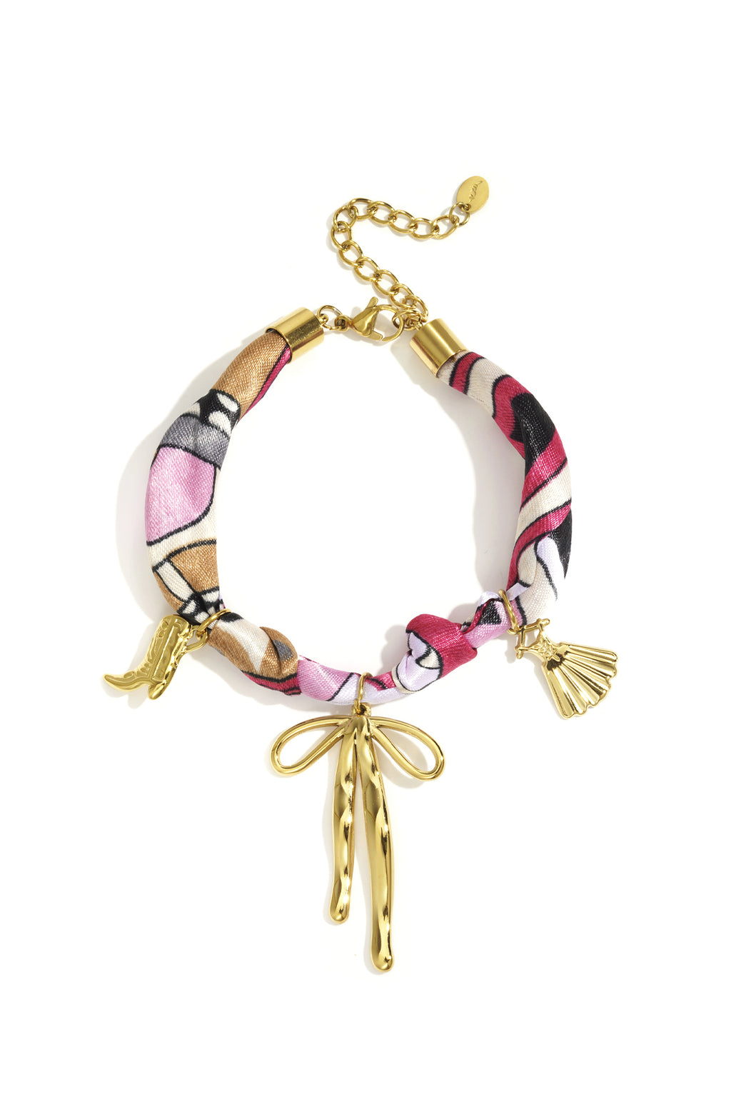 Roze abstracte sjaal armband met goudkleurige strik charmes