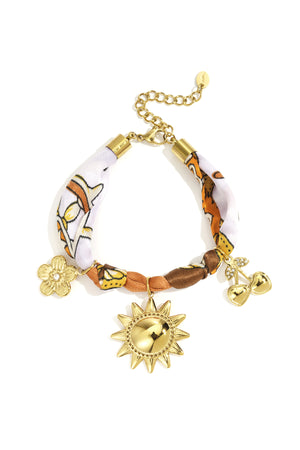 Bruine gevlochten armband met goudkleurige bloem en zon charmes van roestvrij staal