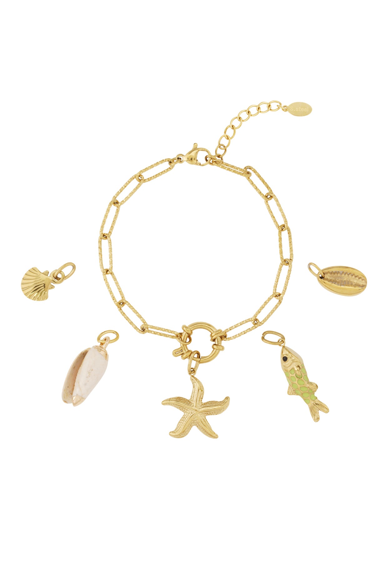 Gouden charm armband met zeester, schelp en vis bedels