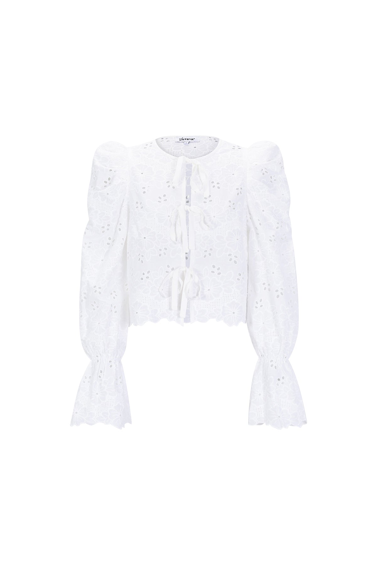 Witte katoenen blouse met broderie anglaise details en pofmouwen