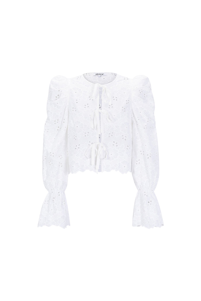 Witte katoenen blouse met broderie anglaise details en pofmouwen